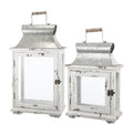 Set of 2 White Wood & Metal Hurricane Candle Lanterns