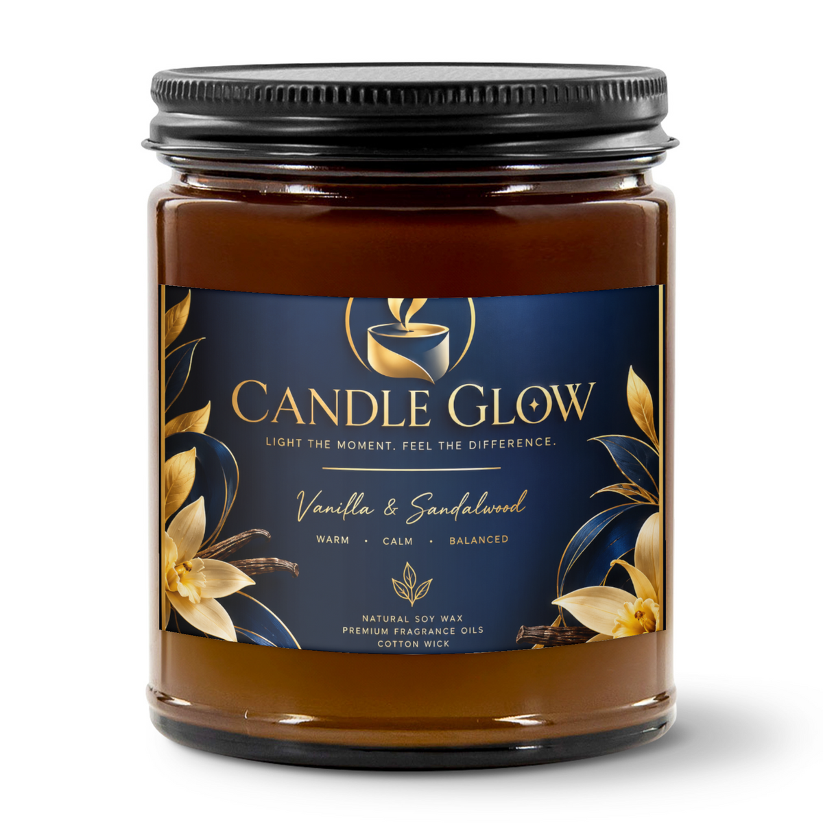 9oz Amber Jar Candle | 3"x2" White Label | Black Matte Lid